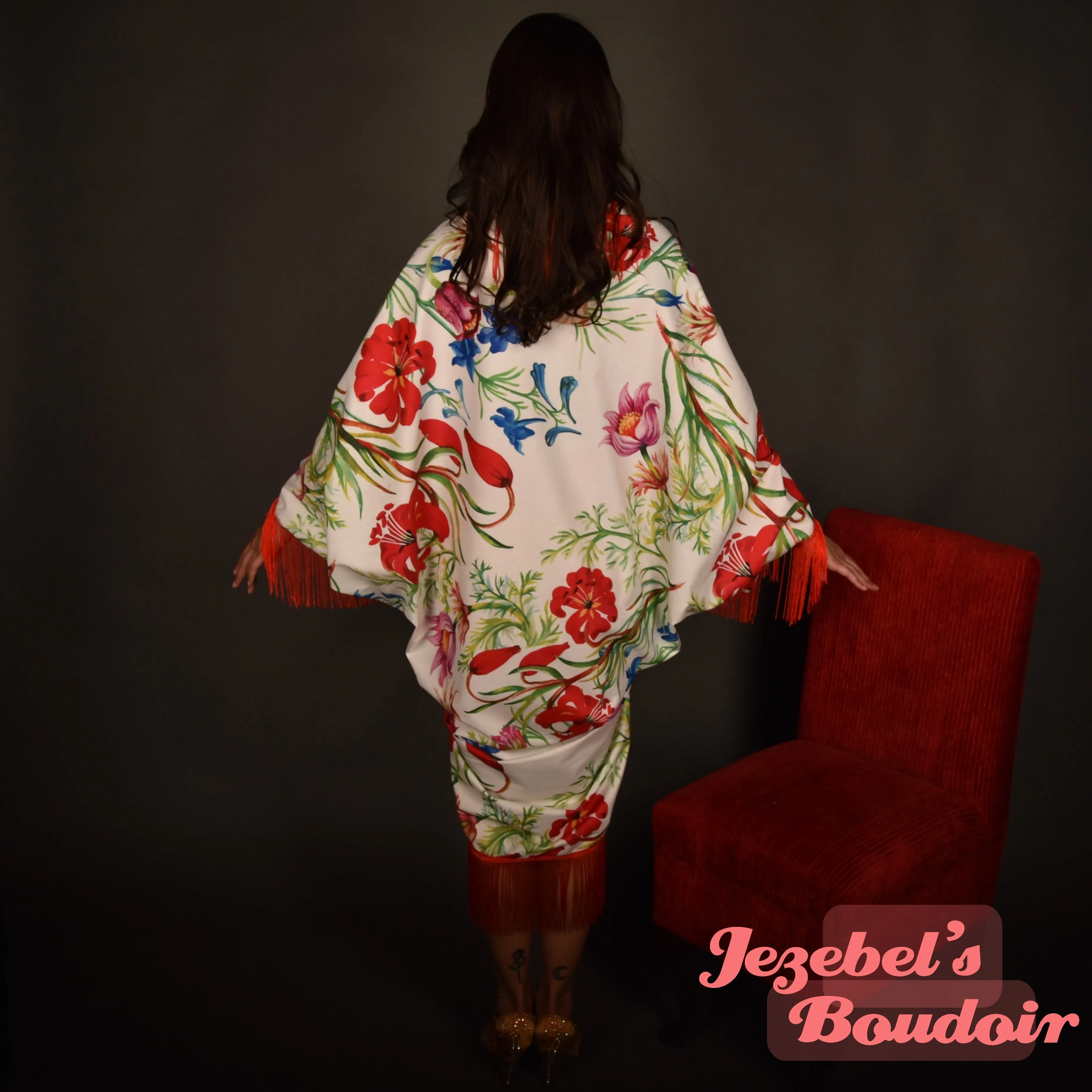 Velvet Art Nouveau Floral Bat Wing Botanical Boho Kimono Witch Dressing Gown Robe Floral Fringe Cocoon Bohemian Herbal Dance Flower Queen Wrap Fairy Festival Red White Blue Faerie Burlesque Jezebel's Boudoir Romantique Carnival