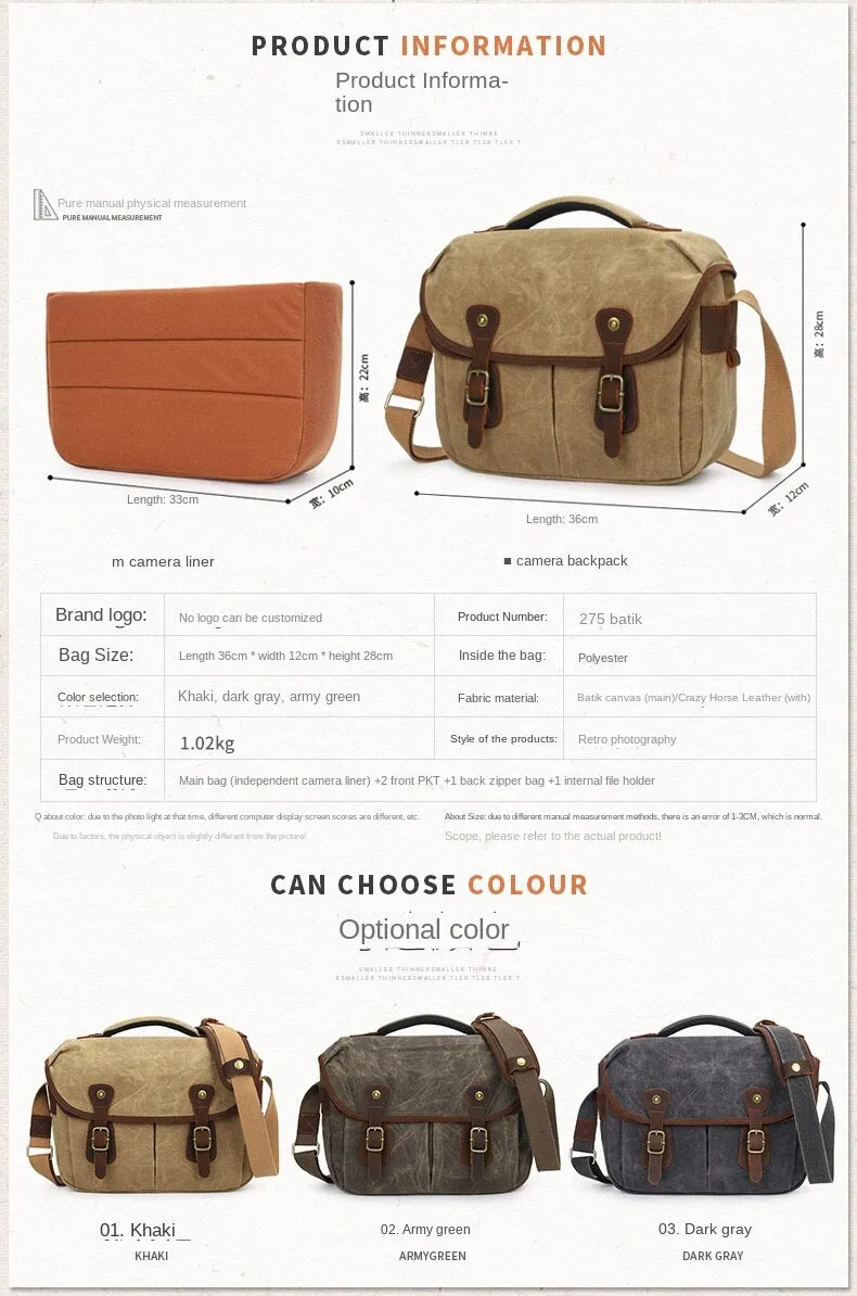 Waterproof Canvas Bag Retro DSLR Camera Bag Shoulder Crossbody Photography Digital Camera Bag Lens Storage Bag