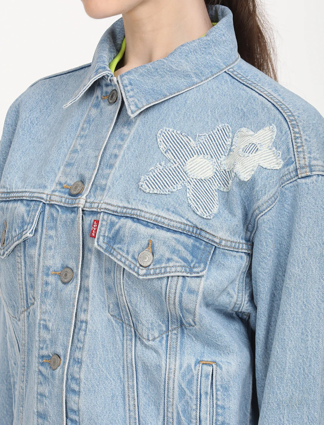 Women's Floral Print Blue Spread Collar Trucker Jacket