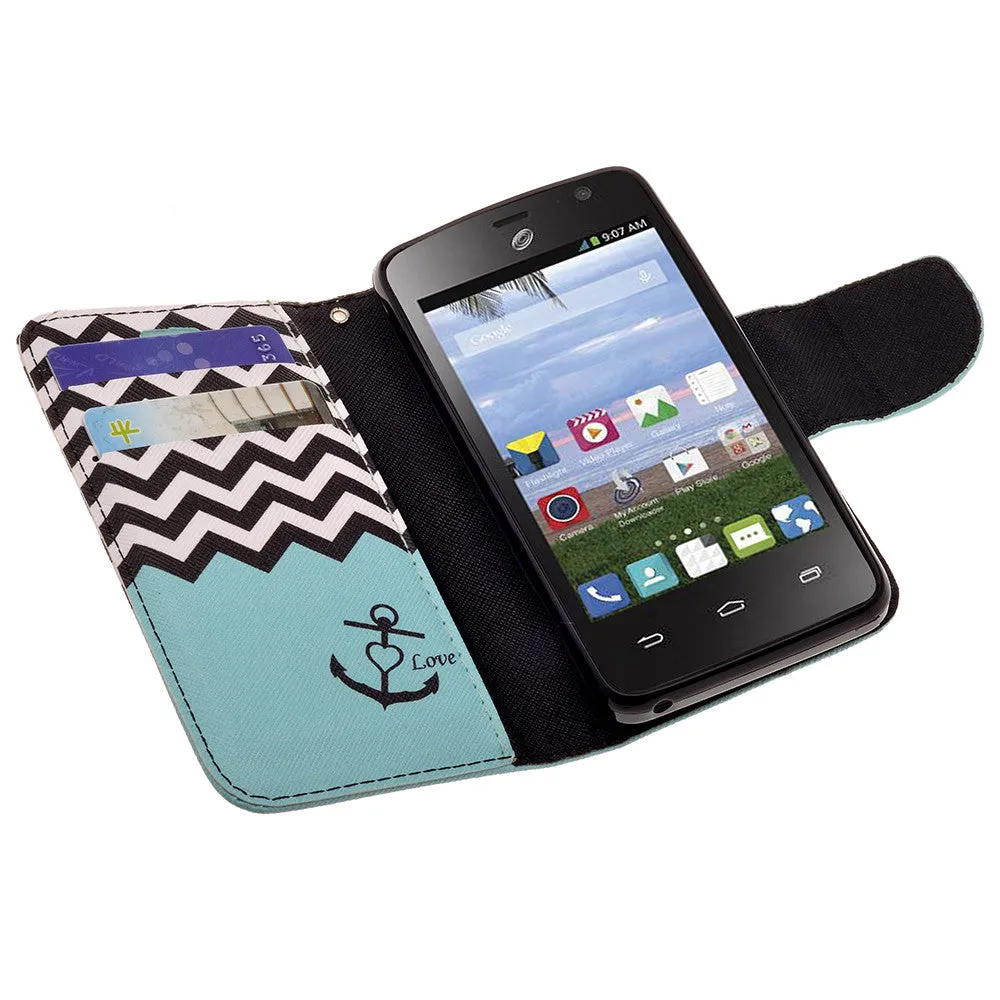 ZTE Zephyr Case, Wrist Strap Magnetic Fold[Kickstand] Pu Leather Wallet Case with ID & Credit Card Slots for ZTE Zephyr - Teal Anchor